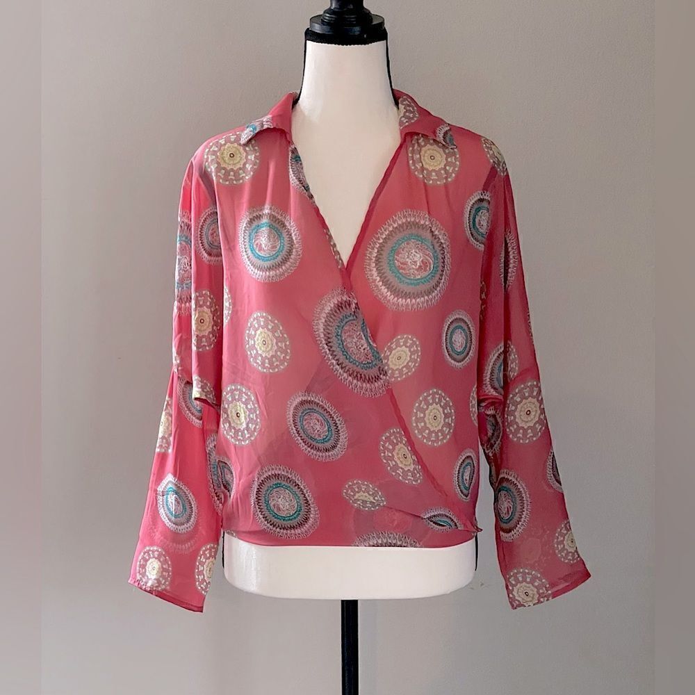 NEW! Women’s Tabom, Dark Peach, Sheer, Pattern, Long-Sleeve Blouse.